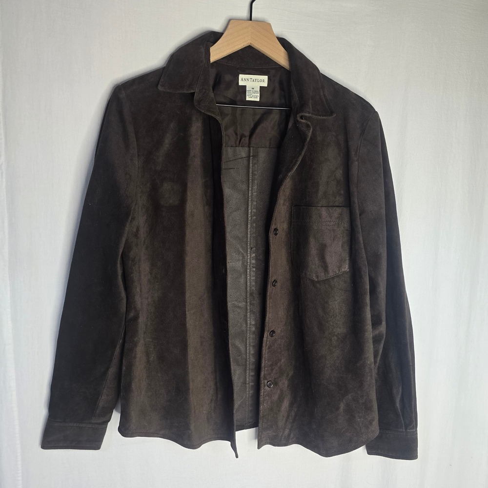 Ann Taylor Suede Leather Shirt Jacket Womens M Brown 100% Leather Minimalist